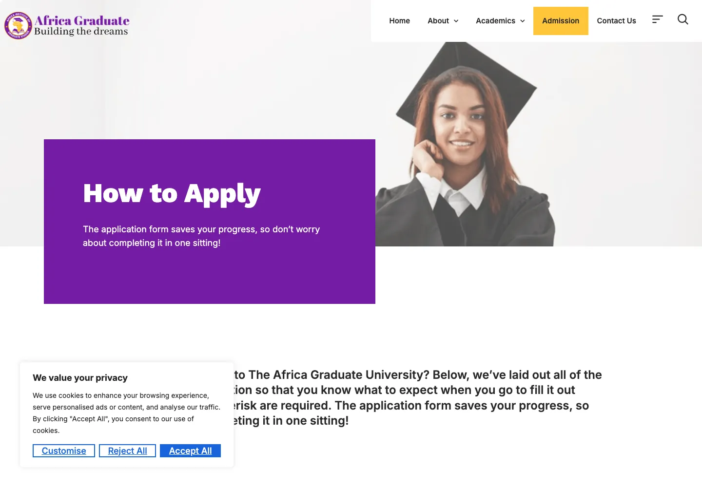 Africa Graduate School admissions and application page