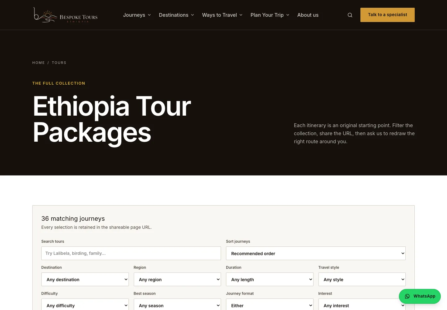 Bespoke Tours Ethiopia journey collection and travel filters