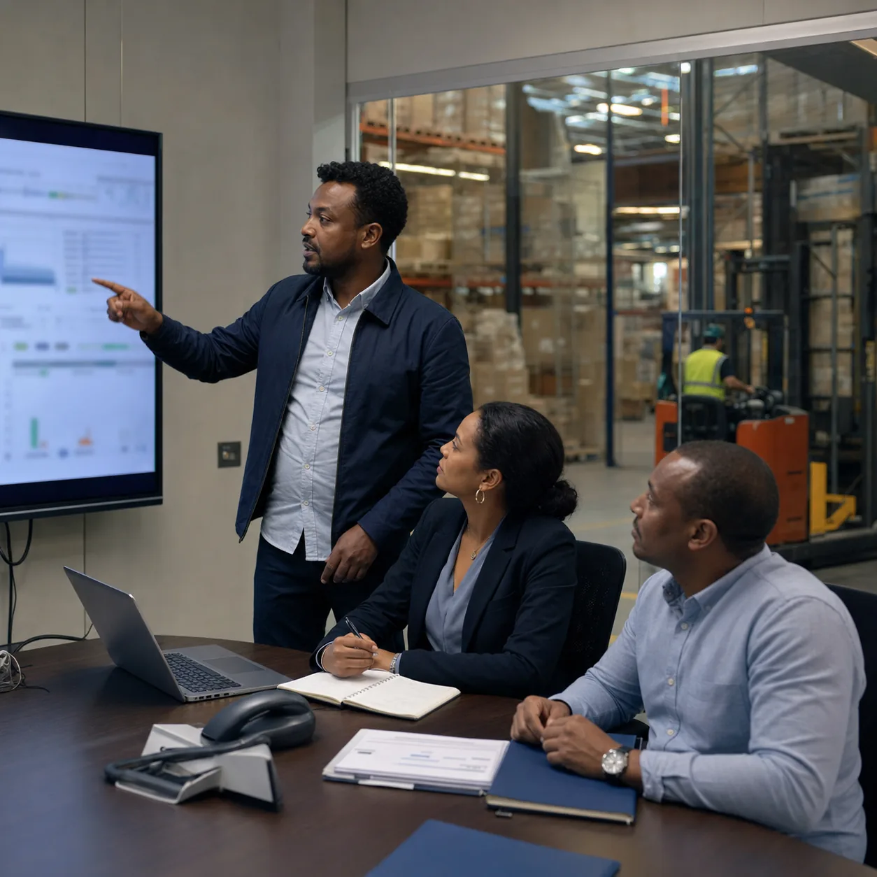 Ethiopian operations leaders reviewing ERP inventory and business performance in a warehouse