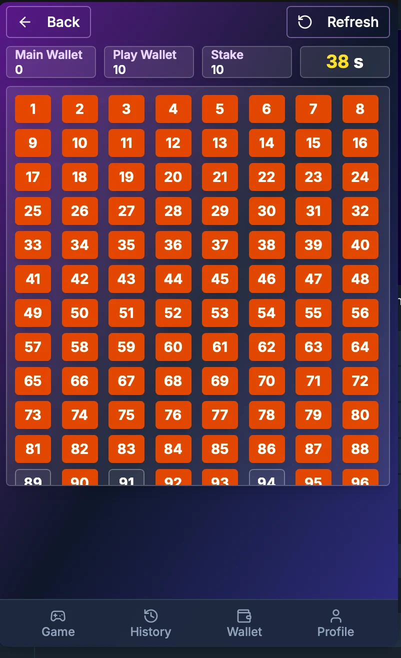 Bingo card selection screen with numbered cards and wallet balances