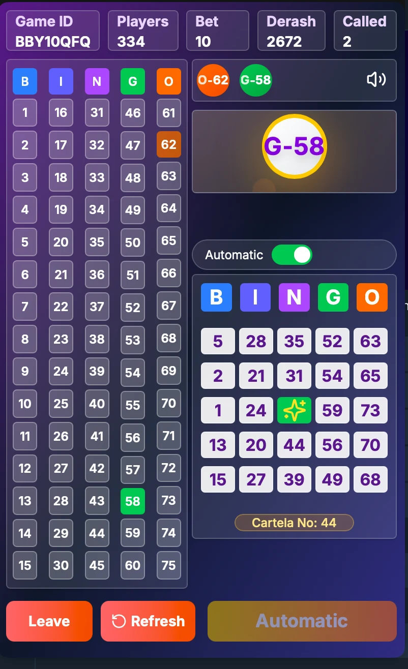 Live Bingo game screen showing called numbers and a player's card