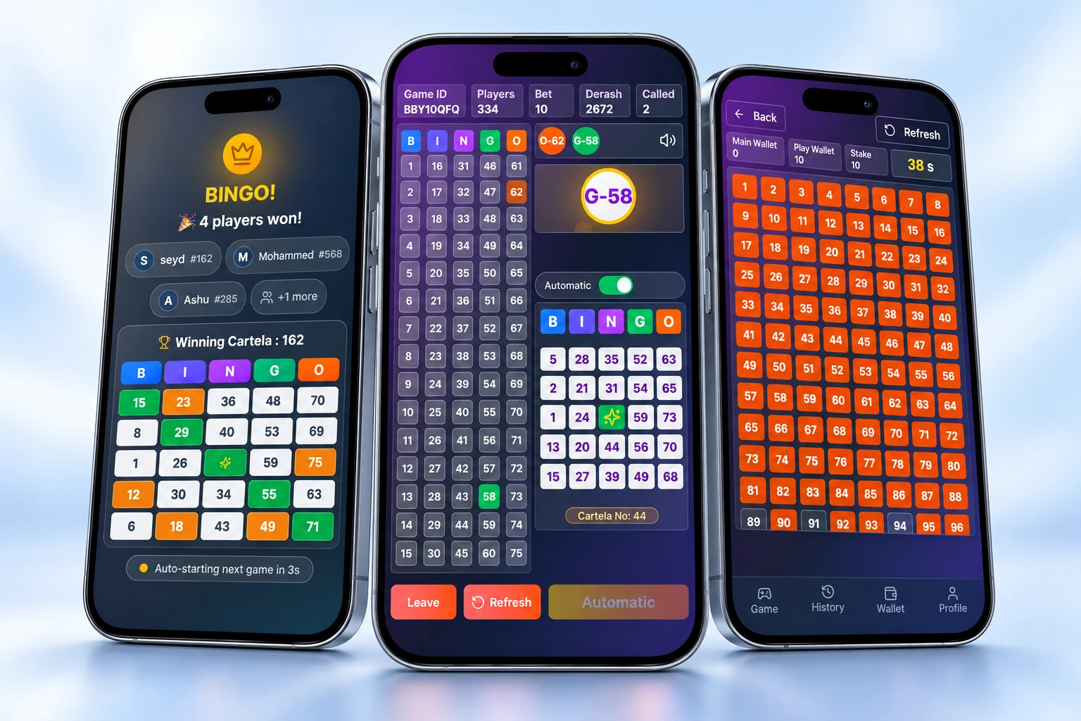 Three-phone Bingo product mockup showing card selection, live gameplay and verified winners