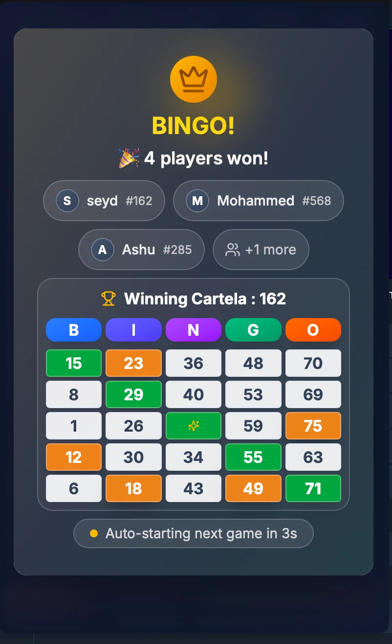 Bingo result screen showing winners and the winning card