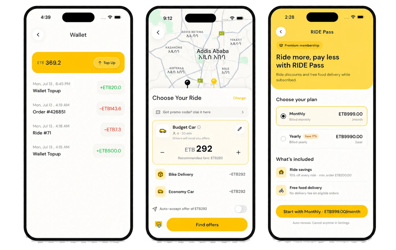 RIDE customer app screens showing wallet activity, fare selection, and RIDE Pass membership