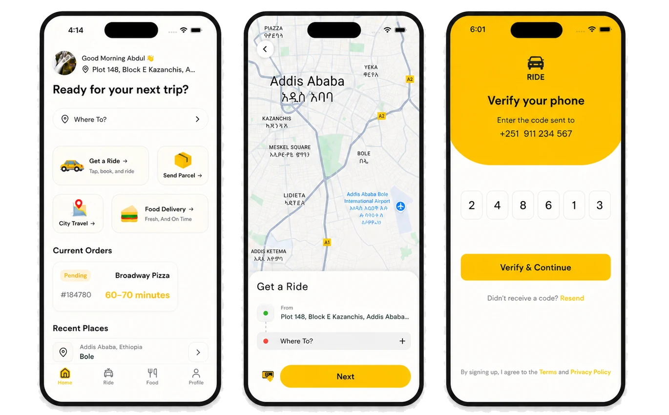 RIDE passenger application showing booking, Addis Ababa maps, and OTP verification