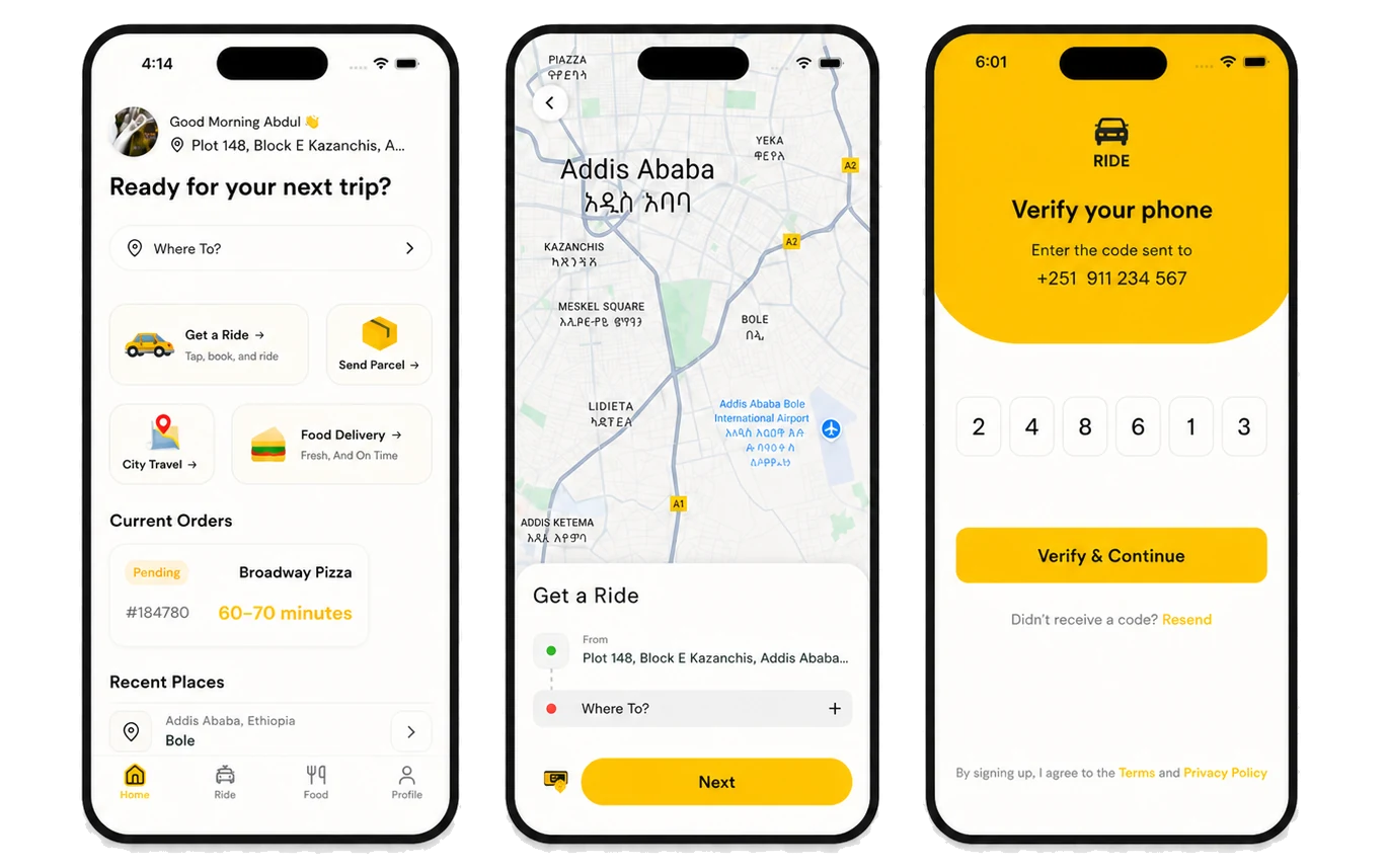 RIDE passenger app screens for trip discovery, Addis Ababa ride booking, and phone OTP verification