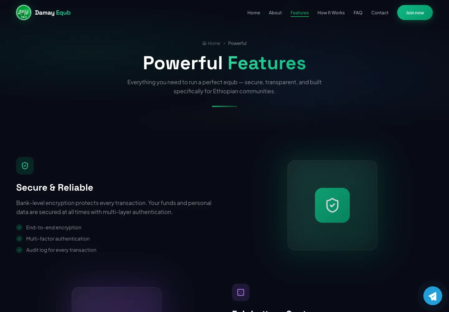 Damay Equb platform features page