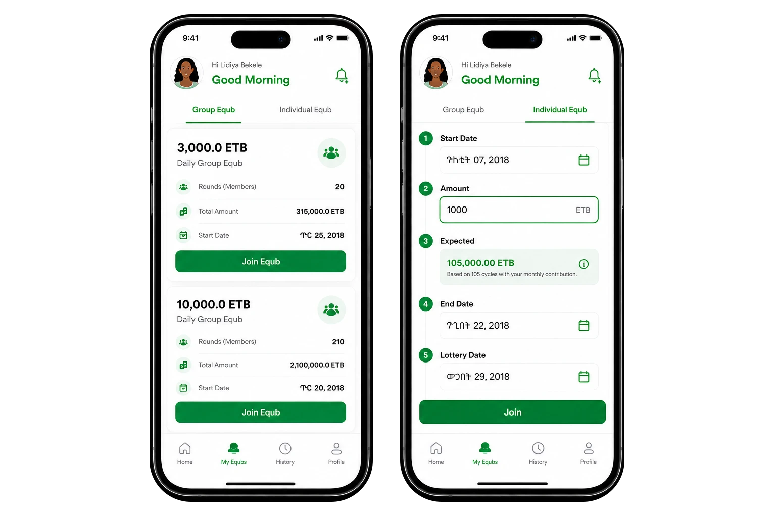 Equb mobile app showing populated Group Equb and Individual Equb pages