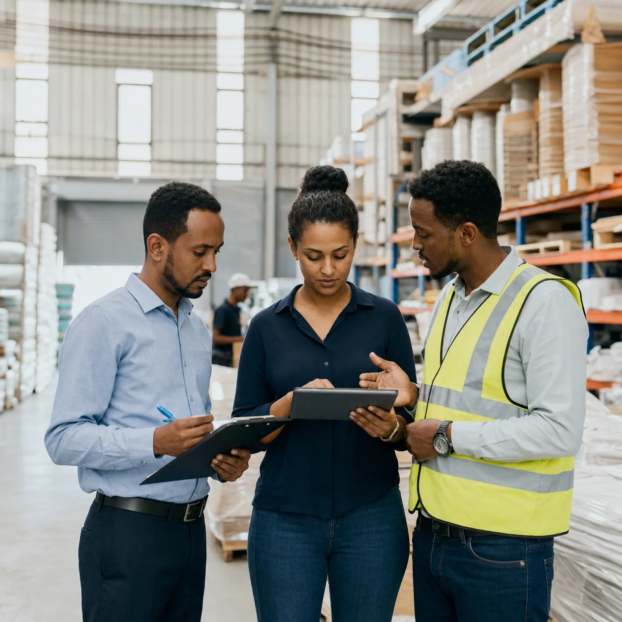 ERP implementation team scoping inventory and operations inside an Ethiopian warehouse