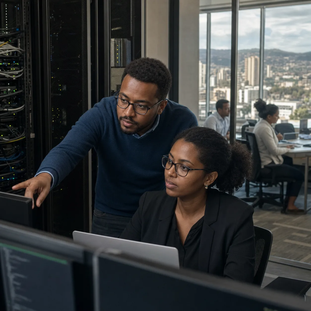 Ethiopian AI specialists working beside secure local data infrastructure