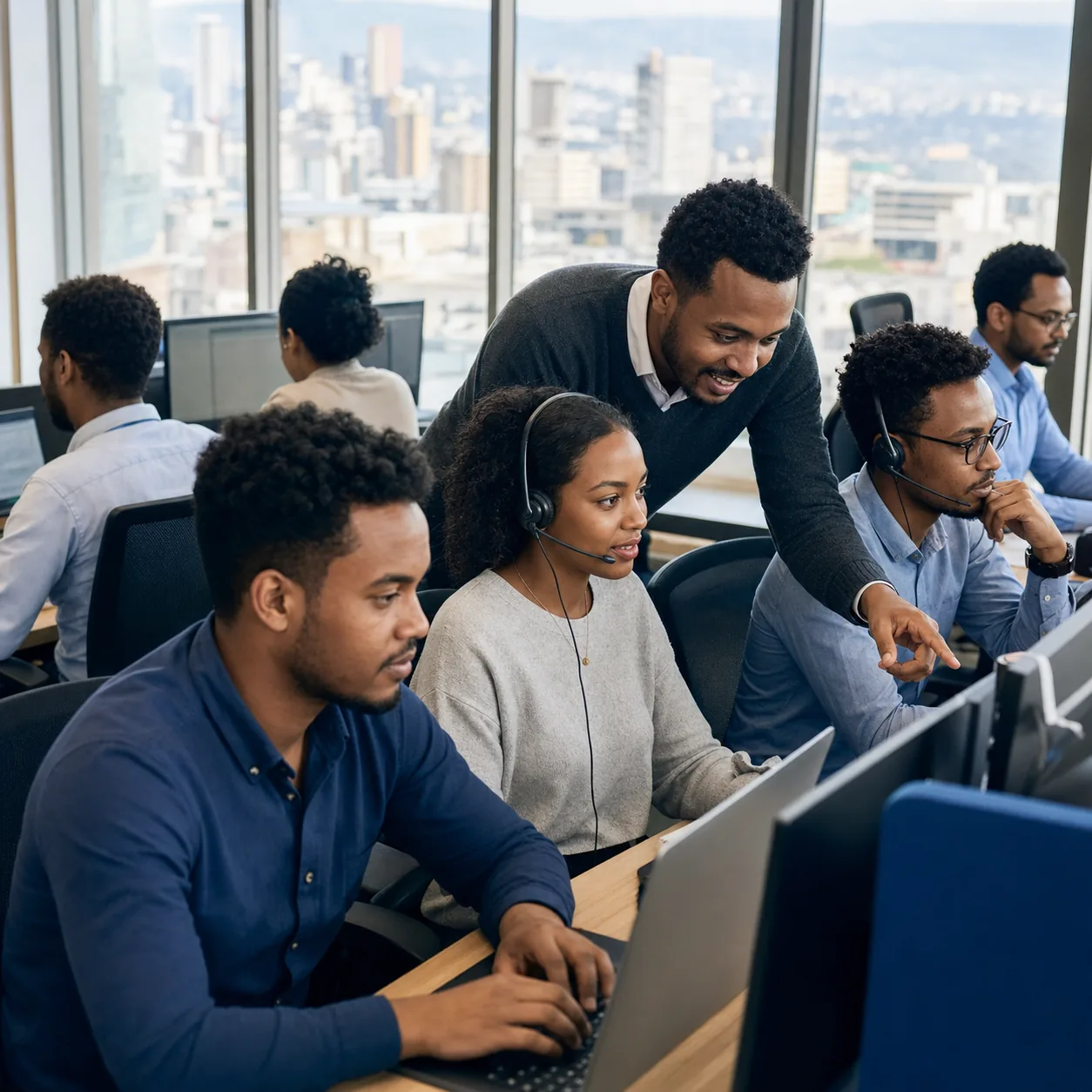 Young Ethiopian professionals working in software, cloud services and digital support