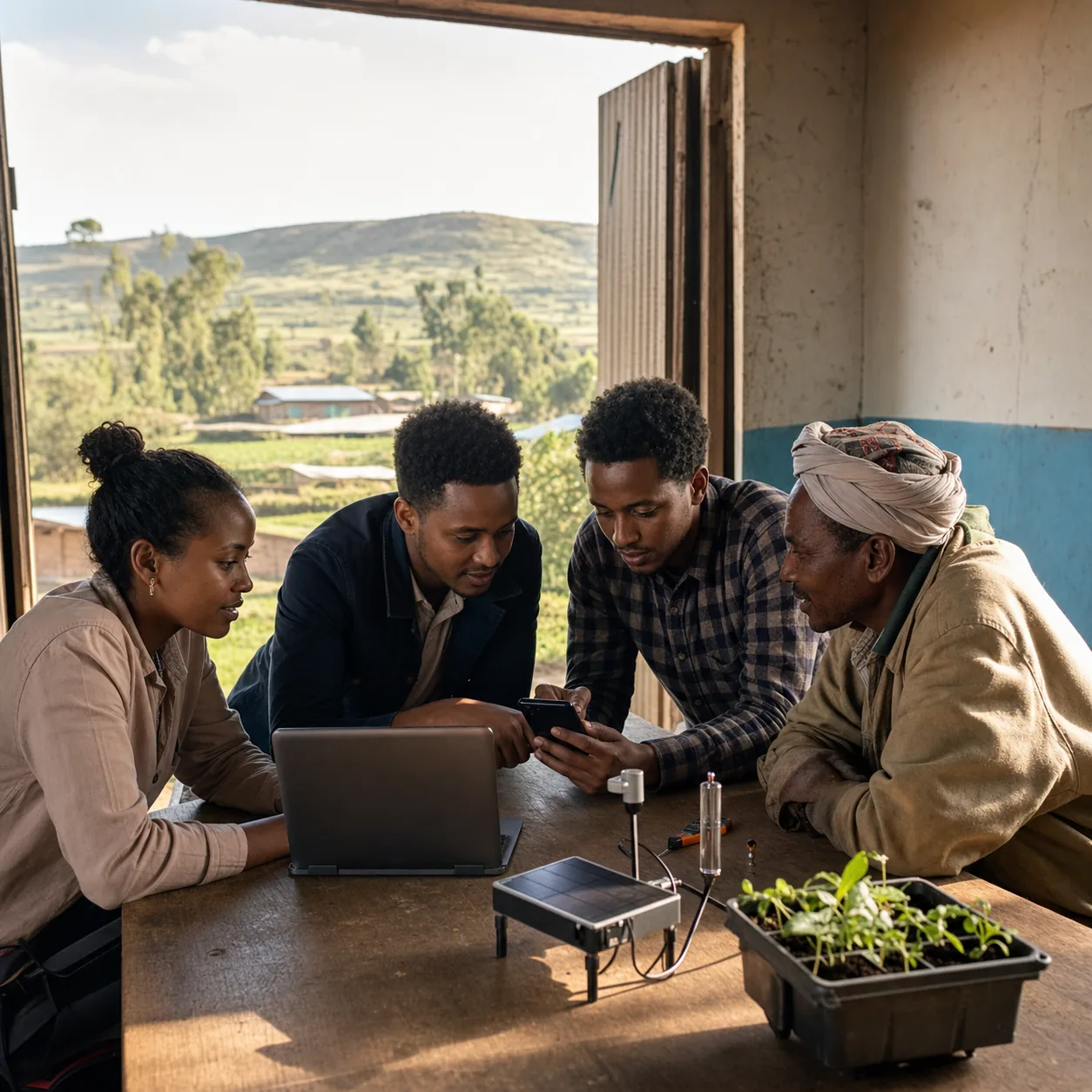 Ethiopian technology founders and a farmer testing an agricultural innovation