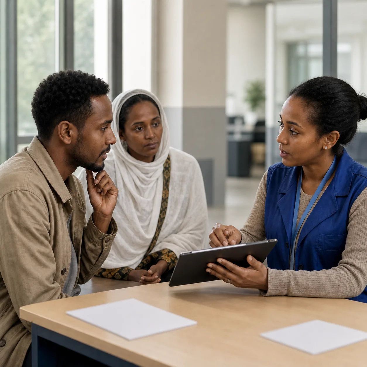Ethiopian citizens discussing digital identity verification with a public-service adviser