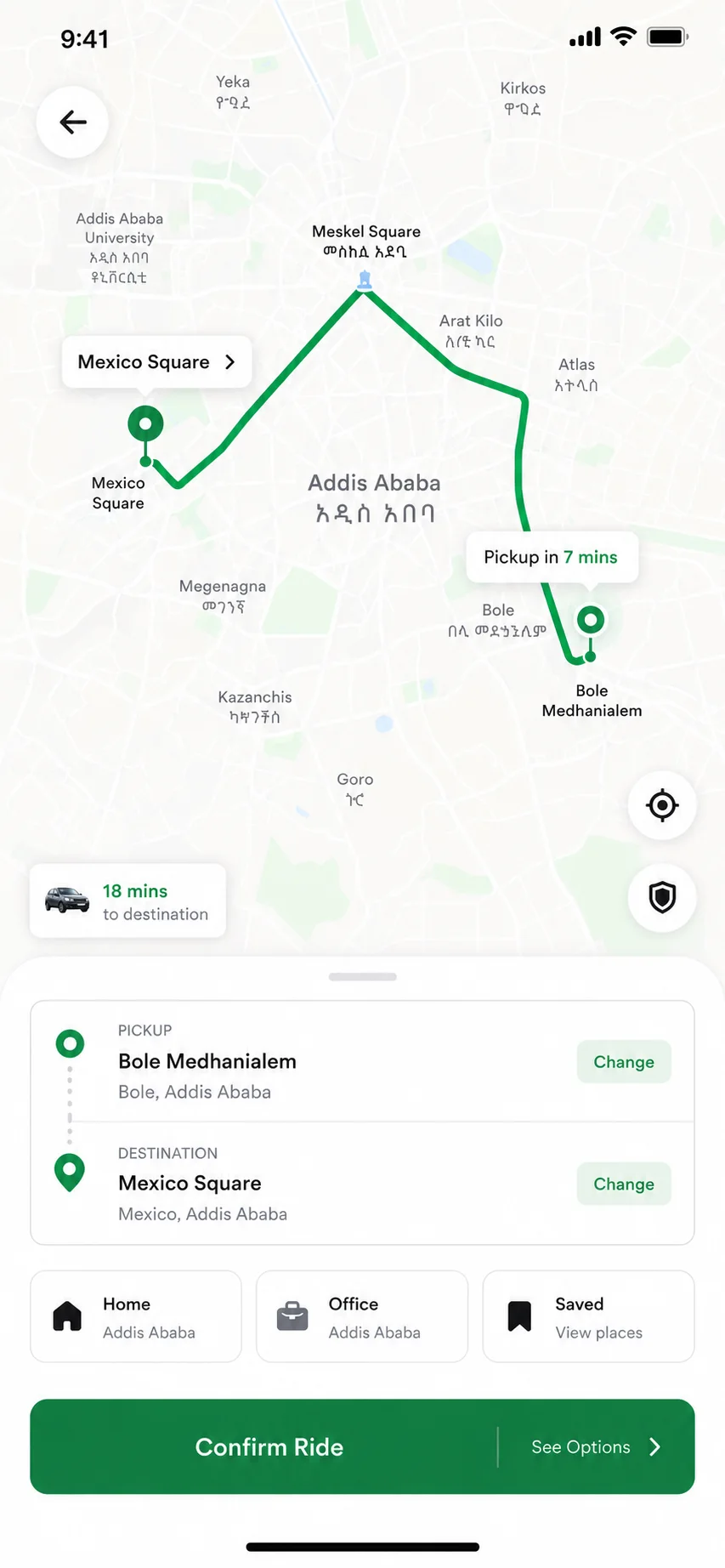 Gebat live ride tracking screen with pickup and destination route