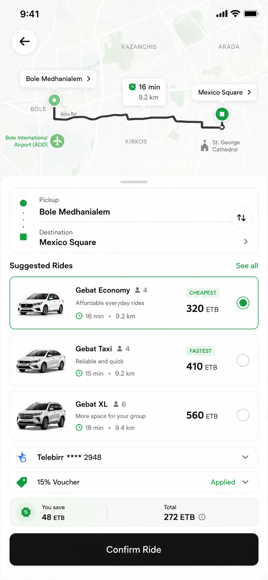 Gebat ride options screen with route, vehicle choices, prices and payment