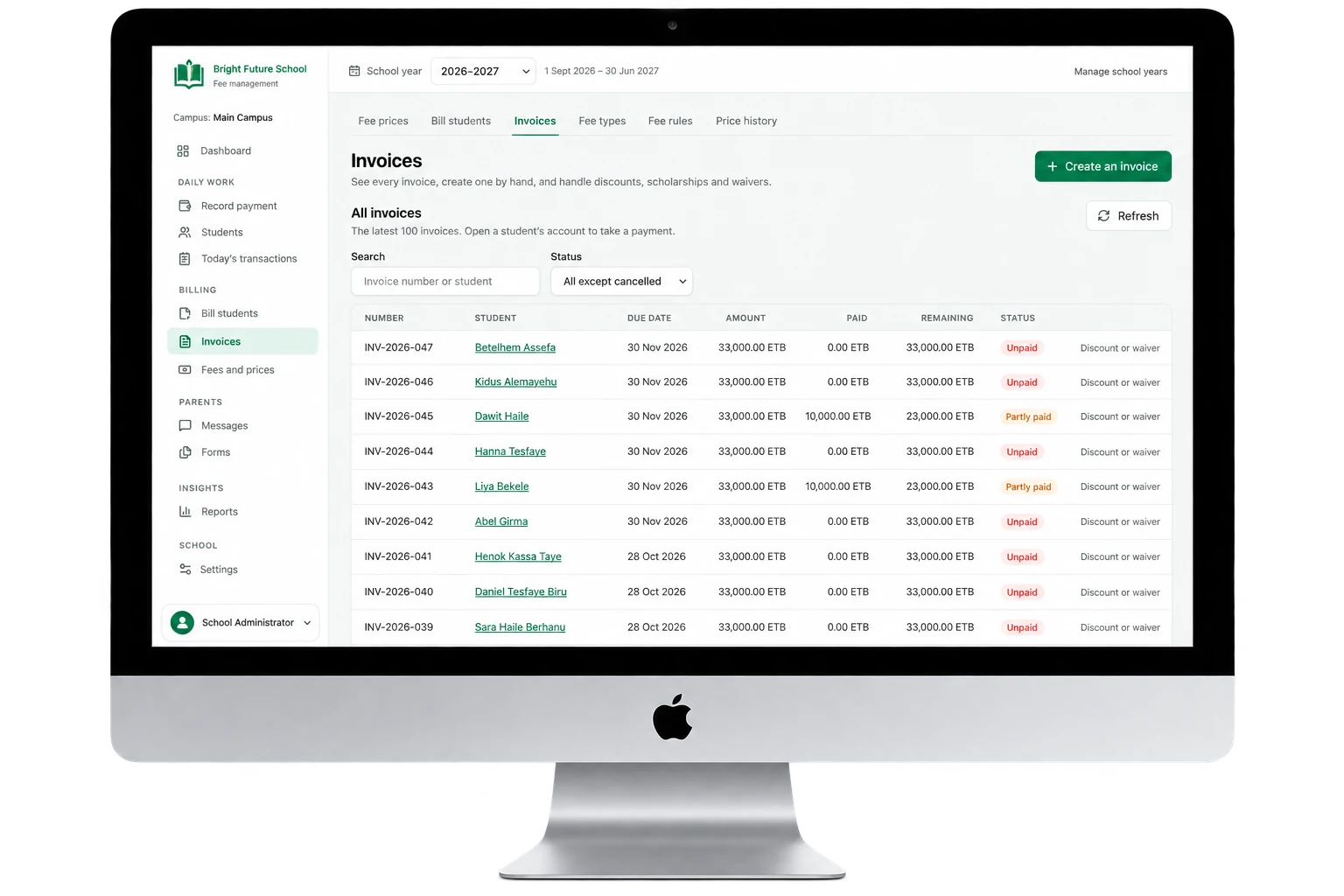Bulk billing (invoices for the whole school)