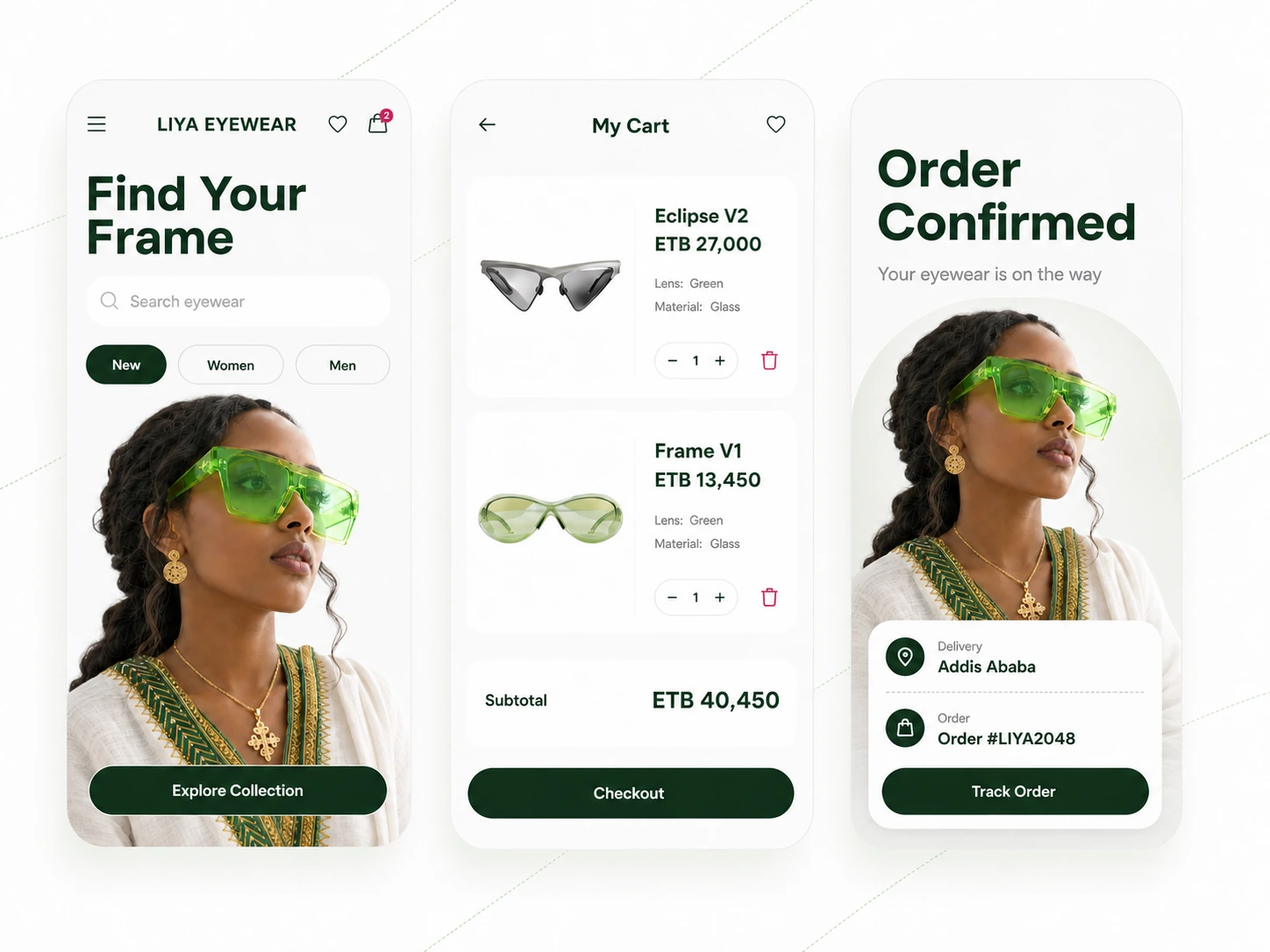 LIYA EYEWEAR ecommerce screens showing product discovery, cart, and Addis Ababa order confirmation