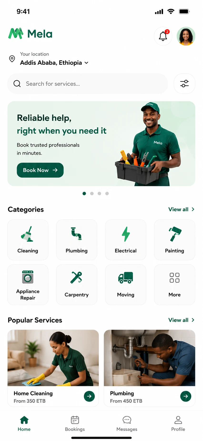 Mela customer mobile app home screen
