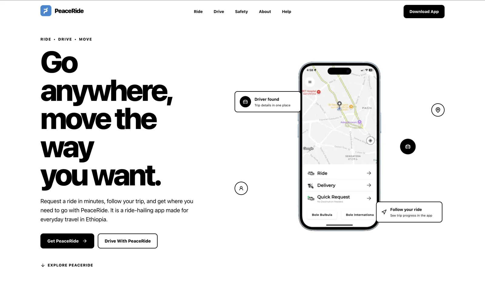 PeaceRide website home page