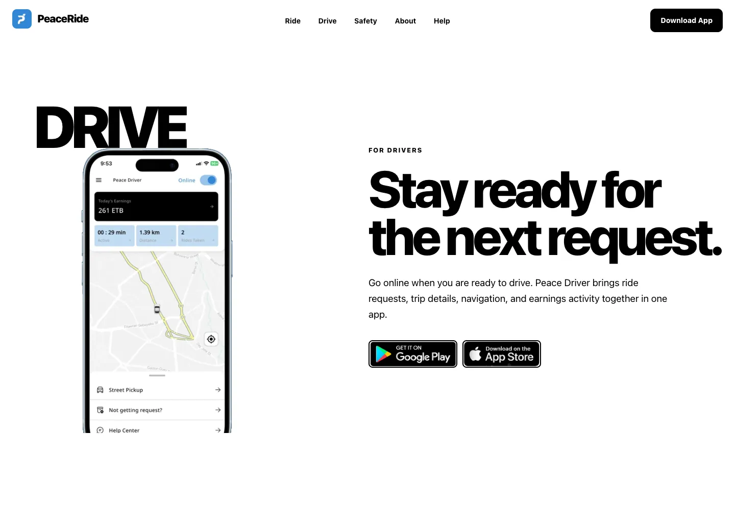 PeaceRide driver website experience
