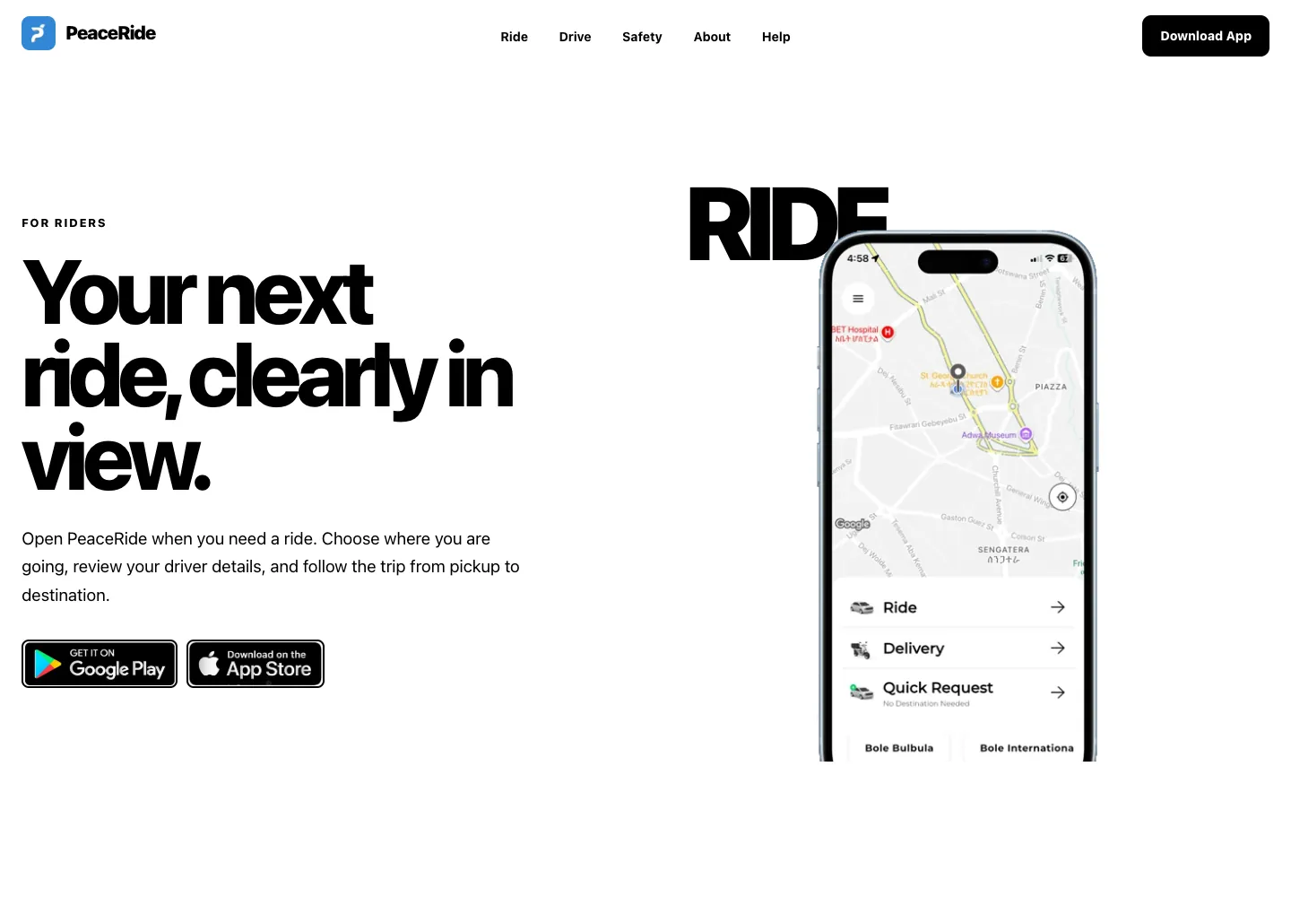 PeaceRide rider website experience