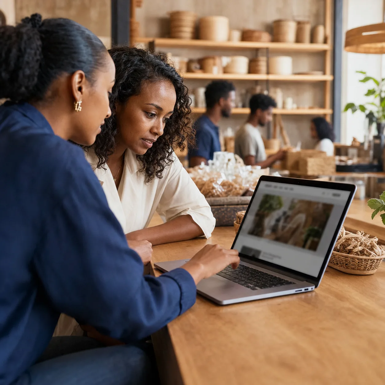 Ethiopian business owner reviewing a professional company website with a web designer