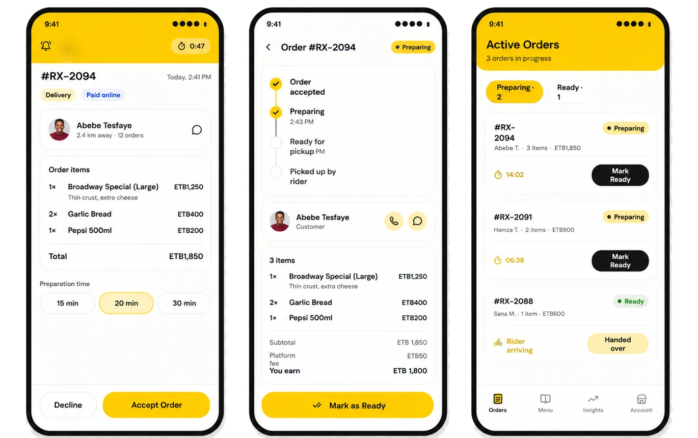 RIDE restaurant partner app screens for accepting, preparing, and handing over delivery orders