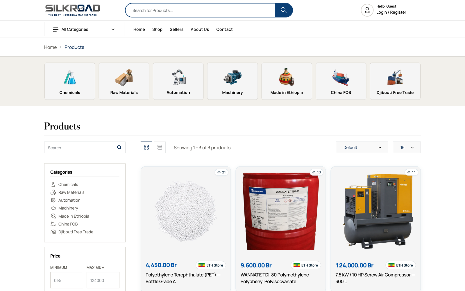 Silkroad product catalogue with category filters and product listings