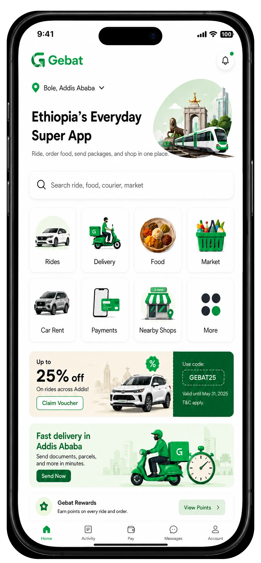 Gebat super app home screen with rides, delivery, food, market, car rental, payments and nearby shops