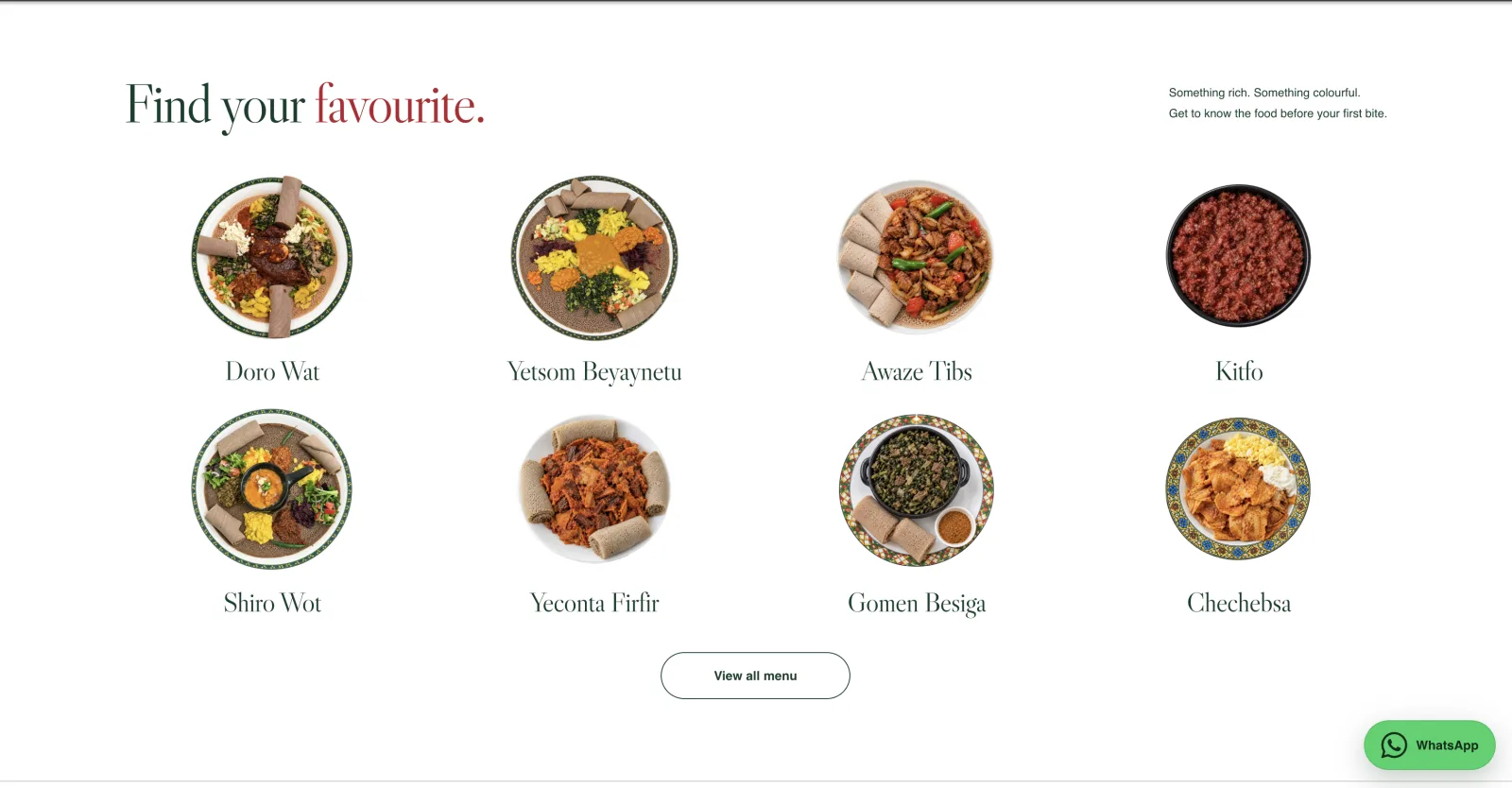 Taste of Ethiopia menu showcase with Ethiopian dishes including Doro Wat, Yetsom Beyaynetu, and Awaze Tibs