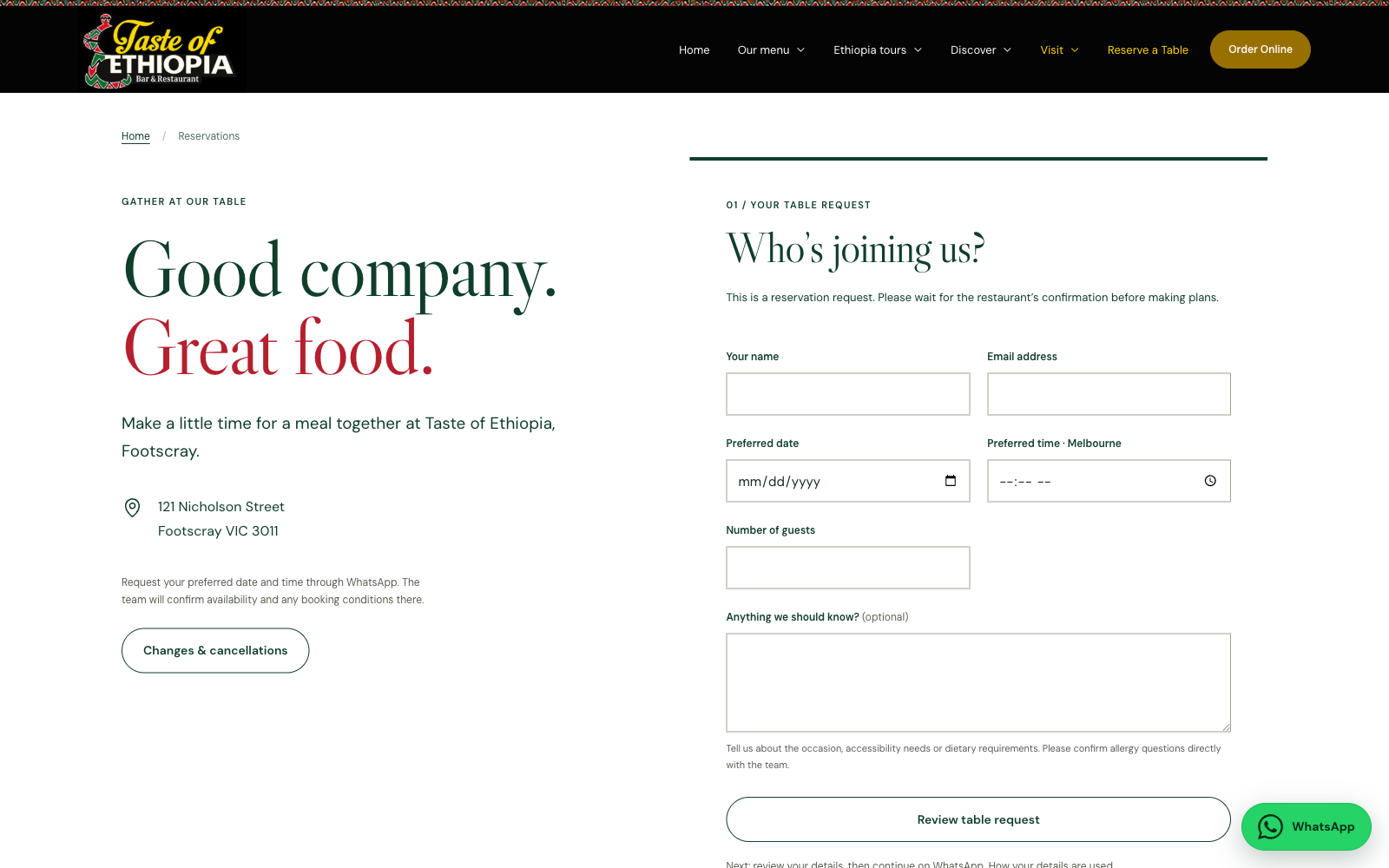 Taste of Ethiopia restaurant table reservation request page
