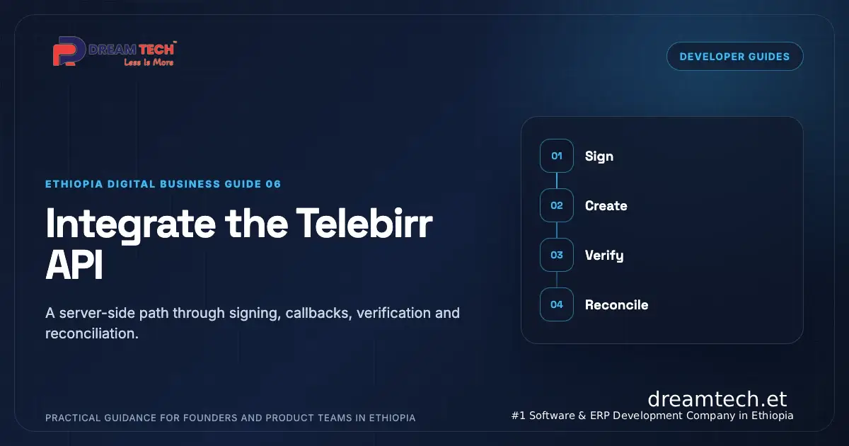 DreamTech Telebirr technical integration guide showing create order, callback and production process