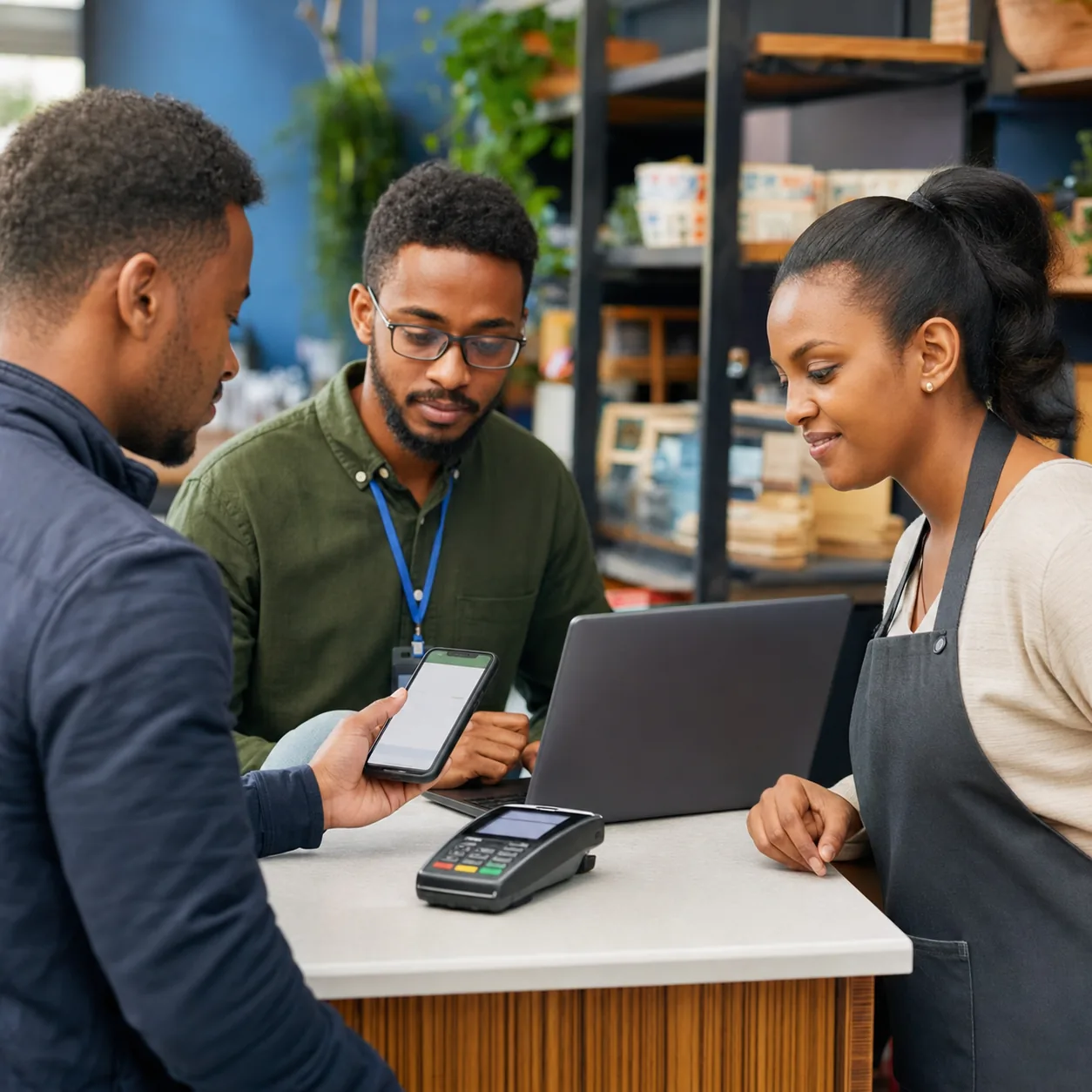 Ethiopian merchant and engineer testing a secure mobile payment integration at checkout
